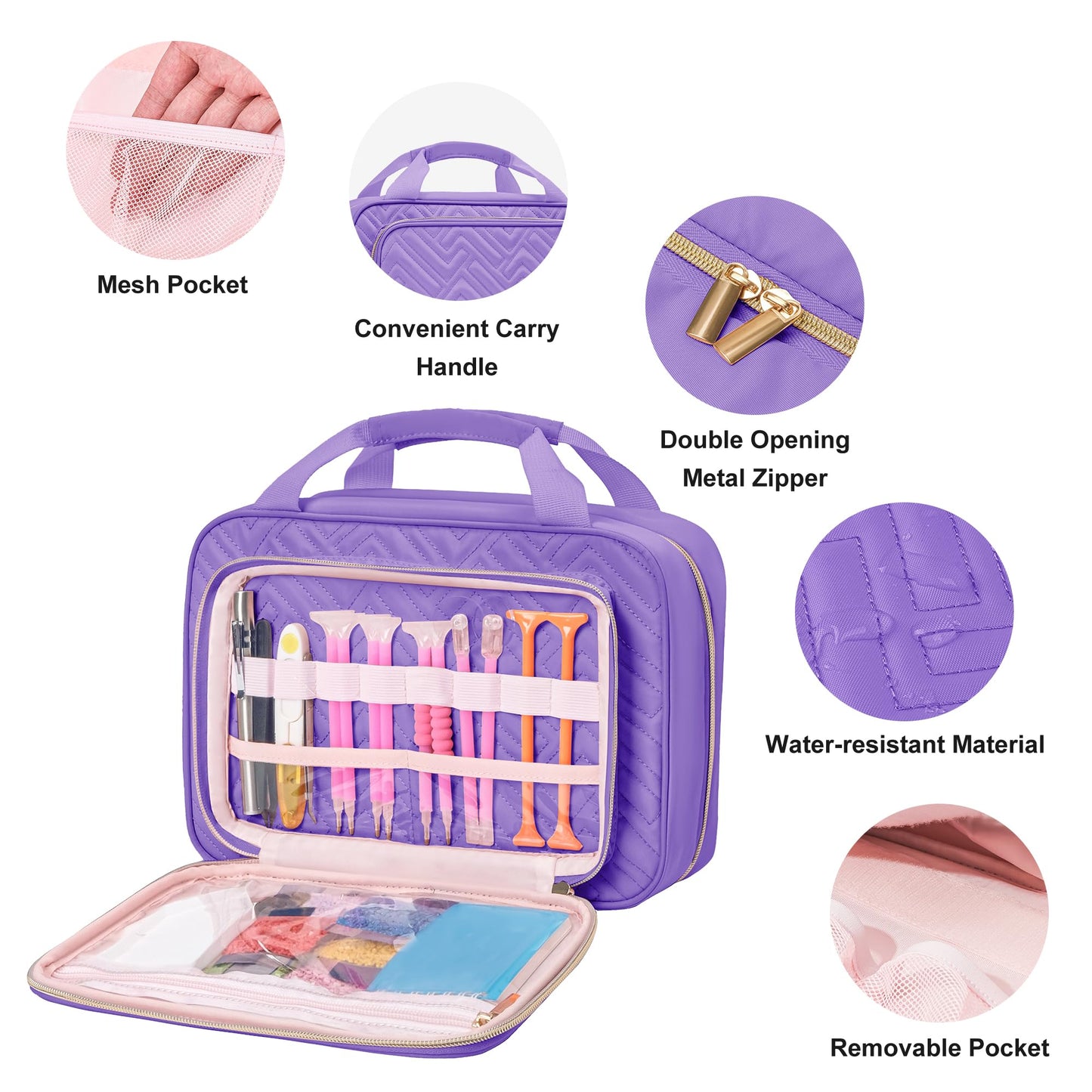 Leudes Diamond Painting Storage Containers, 60 Slots Bead Storage Box for Diamond Art Kits Accessories Organizer Case (Only Bottles and Bag) (Purple-1(60 Jars))