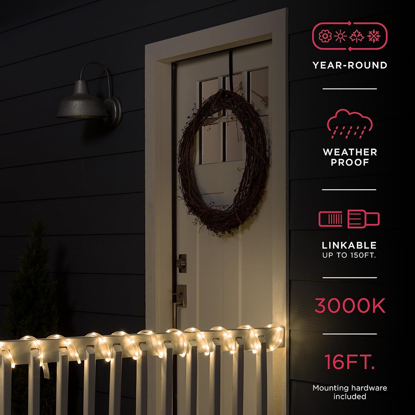 16ft 3000K, 54503 UltraPro LED Rope Lights, Classic Clear Rope, Warm White Light Indoor/Outdoor, Flexible, Linkable