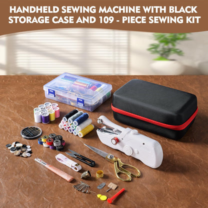 Handheld Sewing Machine with Black Storage Case and 109-Piece Sewing Kit, Mini Portable Cordless Hand Sewing Machine, Ideal for Adults & Beginners, Complete Set of Quick Home Clothing Repair Tools