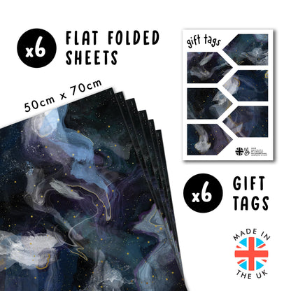 CENTRAL 23 Galaxy Wrapping Paper - 6 Sheets of Birthday Gift Wrap - Space Wrapping Paper - Blue Black - Recyclable - For Birthday Christmas Halloween Thanksgiving