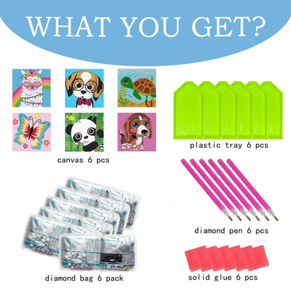 KINPLUB 6 Pack Diamond Art Kits for Kids Beginners, DIY Full Drill Animal 5D Diamond Painting Kits for Kids Ages 6-8-10-12, Gem Art by Number Dots Kits for Boys & Girls for Birthday Gifts(6x6 Inch)