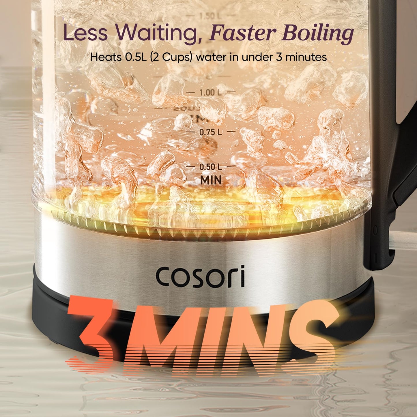 Cosori Electric Kettle, No Plastic Contact With Water, Wide Mouth For Easy Cleaning, Auto Shut Off, 1.7L Tea Kettle & Hot Water Boiler, Water Heater & Teapot, Borosilicate Glass, Black, 1500W