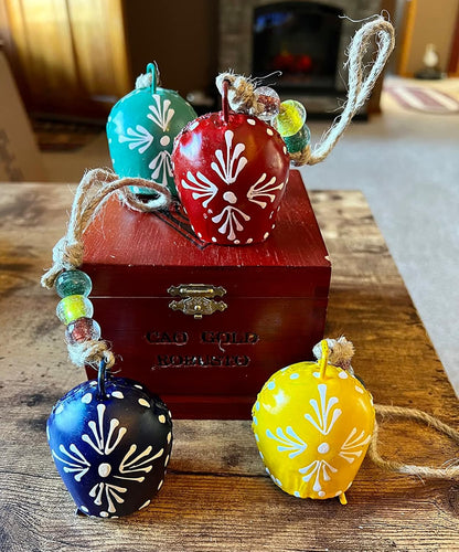 Set of 5 Painted Bells - 7cm Hanging Harmony Multicolor Metal Bells on Rope, Farmhouse Wall Décor
