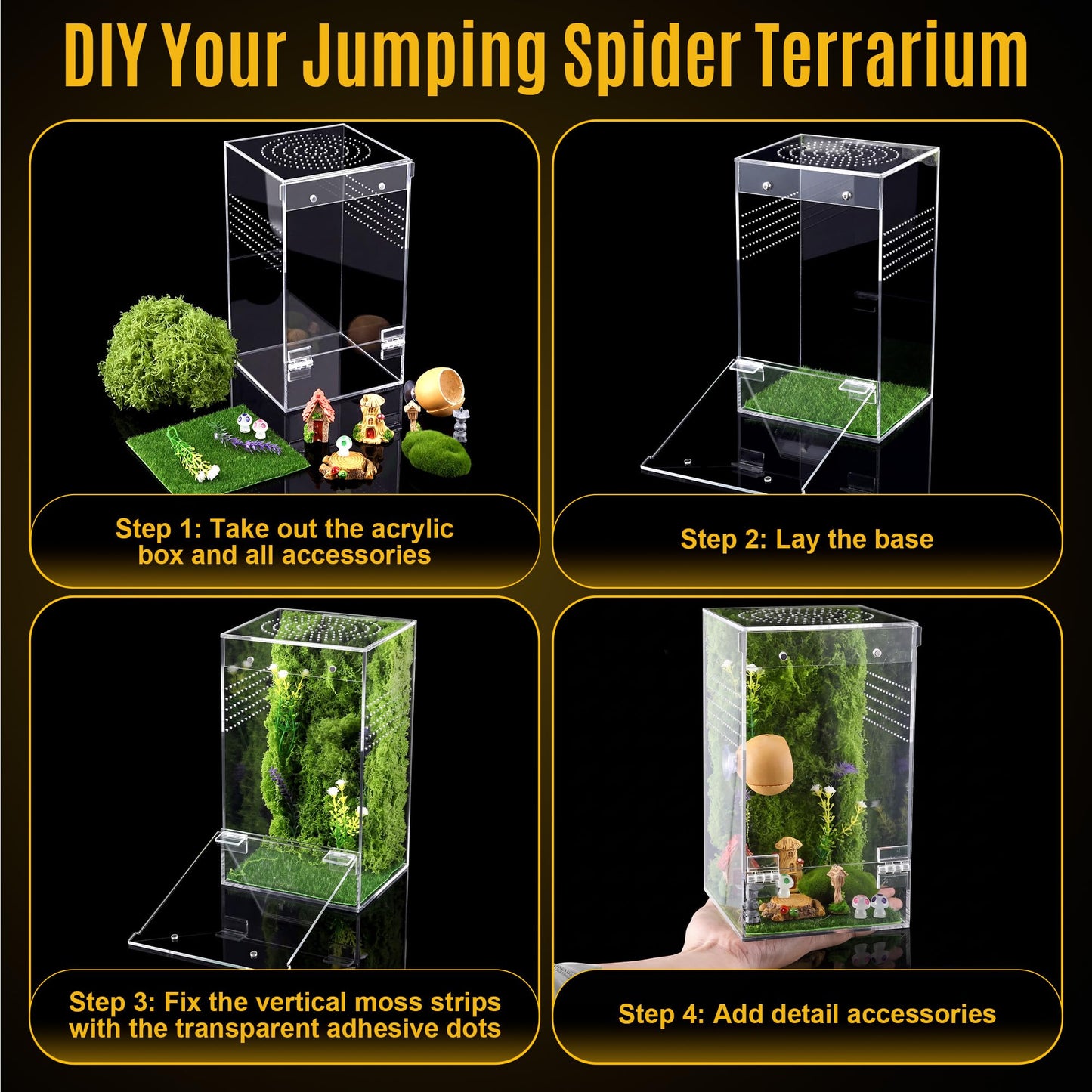 Feekoon Jumping Spider Enclosure Kit, Acrylic Insect Terrarium, Transparent Bug Habitat for Praying Mantis & Small Arboreal Species, Complete Starter Tank with Ventilation