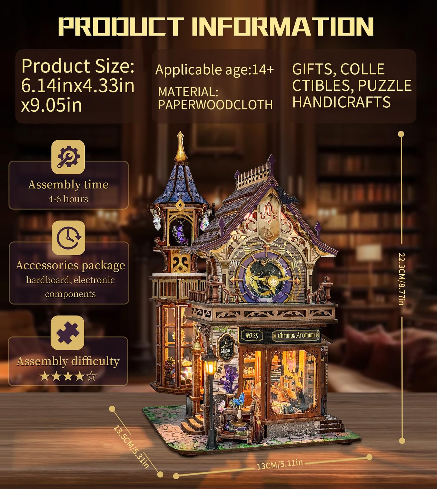 Spilay DIY Miniature House Kit, House Building Kit 3D Wooden Puzzle with LED Lights, Book Nook Kit for Adult Bookshelf Decor&Gift for Birthday Halloween Christmas（Time Magic Club）