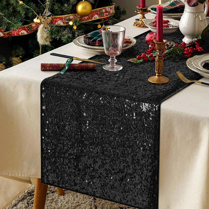 Black Sequin Table Runners, 4 Pack Glitter Table Runner for Parties, Weddings, Halloween, 12''x 72''