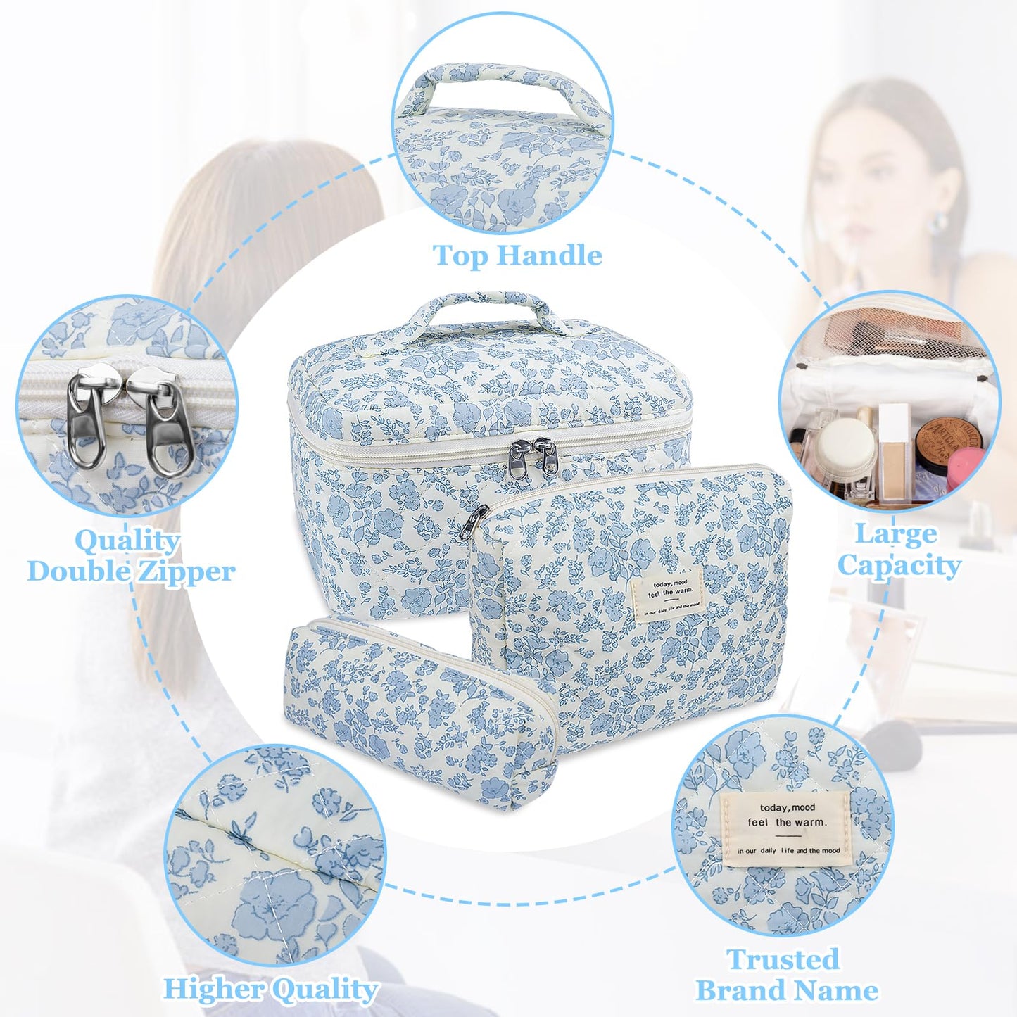 Makeup Bag, Large Quilted Cosmetic Bag, Big Floral Make Up Bag for Women Girls, Cute Cotton Makeup Bag Set, Flower Travel Toiletry Organizer Bag