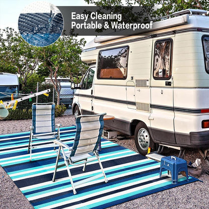 6'x9' HUGEAR Outdoor Waterproof Rug Plastic Straw Rugs Washable Reversible Floor Mat Blue Stripe Carpet for Camping RV