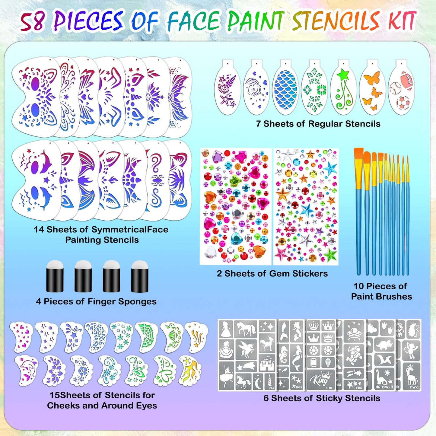 58PCS Face Paint Stencils Kit Includes 36 Reusable Facial Painting Stencils, 6 Sheets Tattoo Templates Stickers, 10 Brushes, 2 Pack Adhesive Gems, 4 Sponge for Halloween Festival Party Makeup