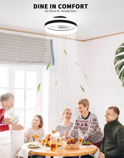 Simple Deluxe Ceiling Fan with Light 20in Low Profile Ceiling Fans with Lights and Remote Dimmable with 6 Wind Speeds Flush Mount Fandelier LED Fan Light Modern Smart for Bedroom, Black