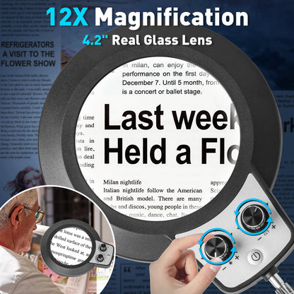 KIRKAS 12X Magnifying Glass with Light and Stand, Overhead Knob Magnifying Lamp for Workbench Craft, Sewing, LED Lighted Magnifier Real Glass Lens Adjust Arm Stepless Dimming and Color(22in Clamp)