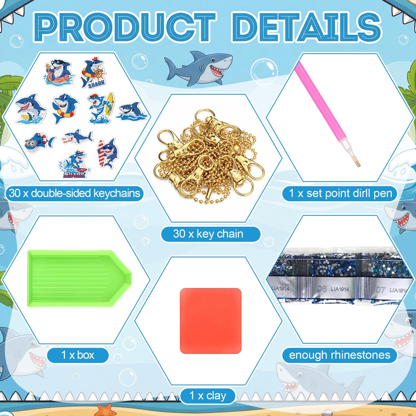Huquary 30 Pcs Summer Diamond Art Keychains Shark Diamond Art Kits for Aldults Double Sided 5d Rhinestones Ocean Animal Beach Hanging Key Chains Ornaments for Beginners DIY Crafts Party