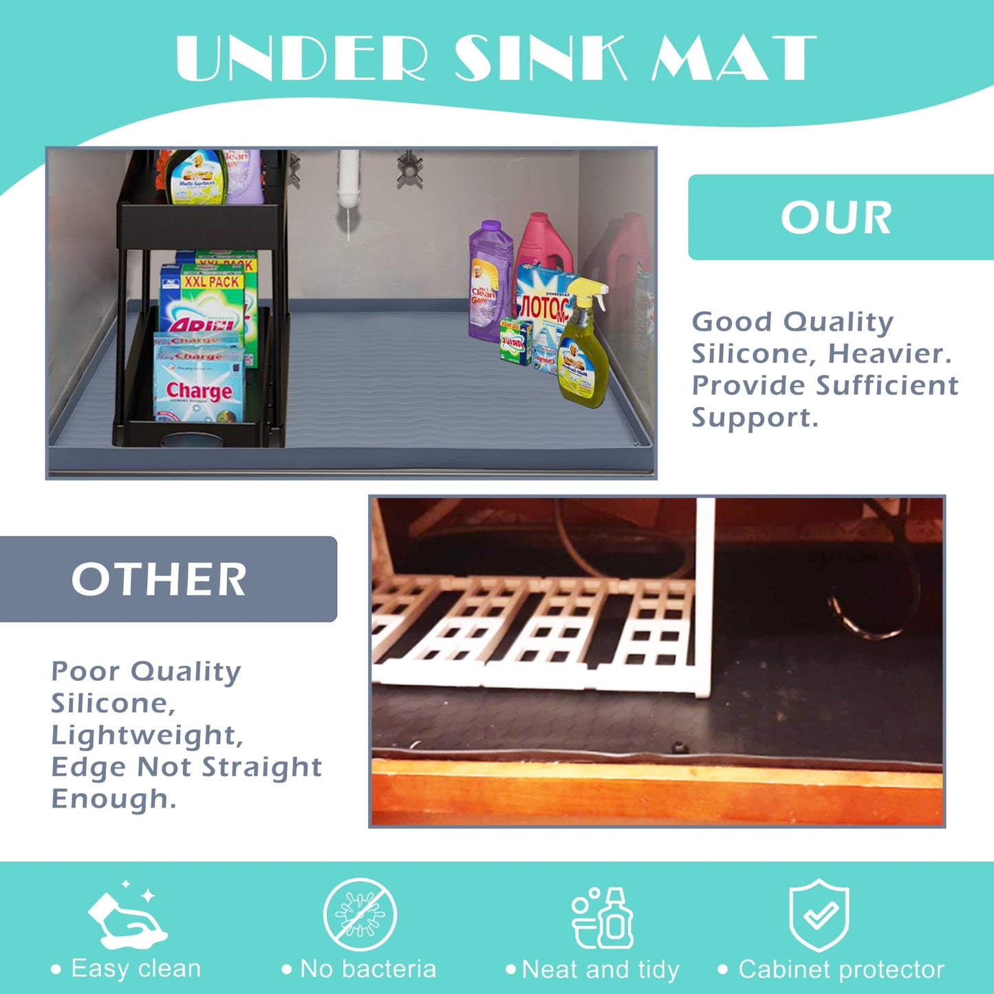URMONA Waterproof Silicone Under Sink Mat 34'' x 22'' Shelf Liner for Kitchen and Bathroom, Cabinet and Counter Protector, Storage and Organizers, Litter Mat, Pet Cat Puppy Essentials(Black)