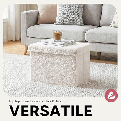 16.5in Small Storage Ottoman Foldable Sherpa Top Storage Bench,Foot Rest/Step Stool for Bedroom Dorm Entryway, Space