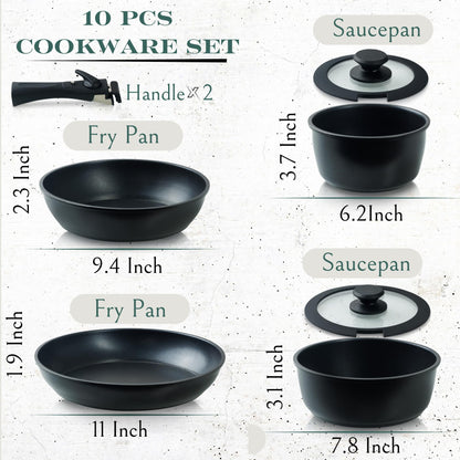 Moss & Stone 10pcs Nonstick Cookware Pans with Removable Handles, Space Saving Pots and Pans with Removable Handles, RV Pots and Pans Set for Camping, Oven and Induction Ready