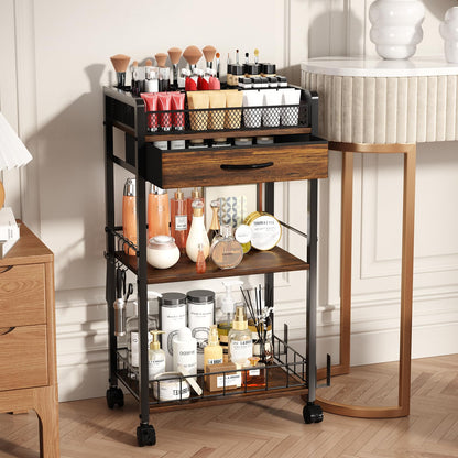 Homsorout 3 Tier Rolling Cart - Metal Utility Cart with Storage Drawer and Wheels, Versatile Art & Craft Organizer for Home, Office, or Studio Ideal for Storing Brushes, Paints, and Supplies Brown