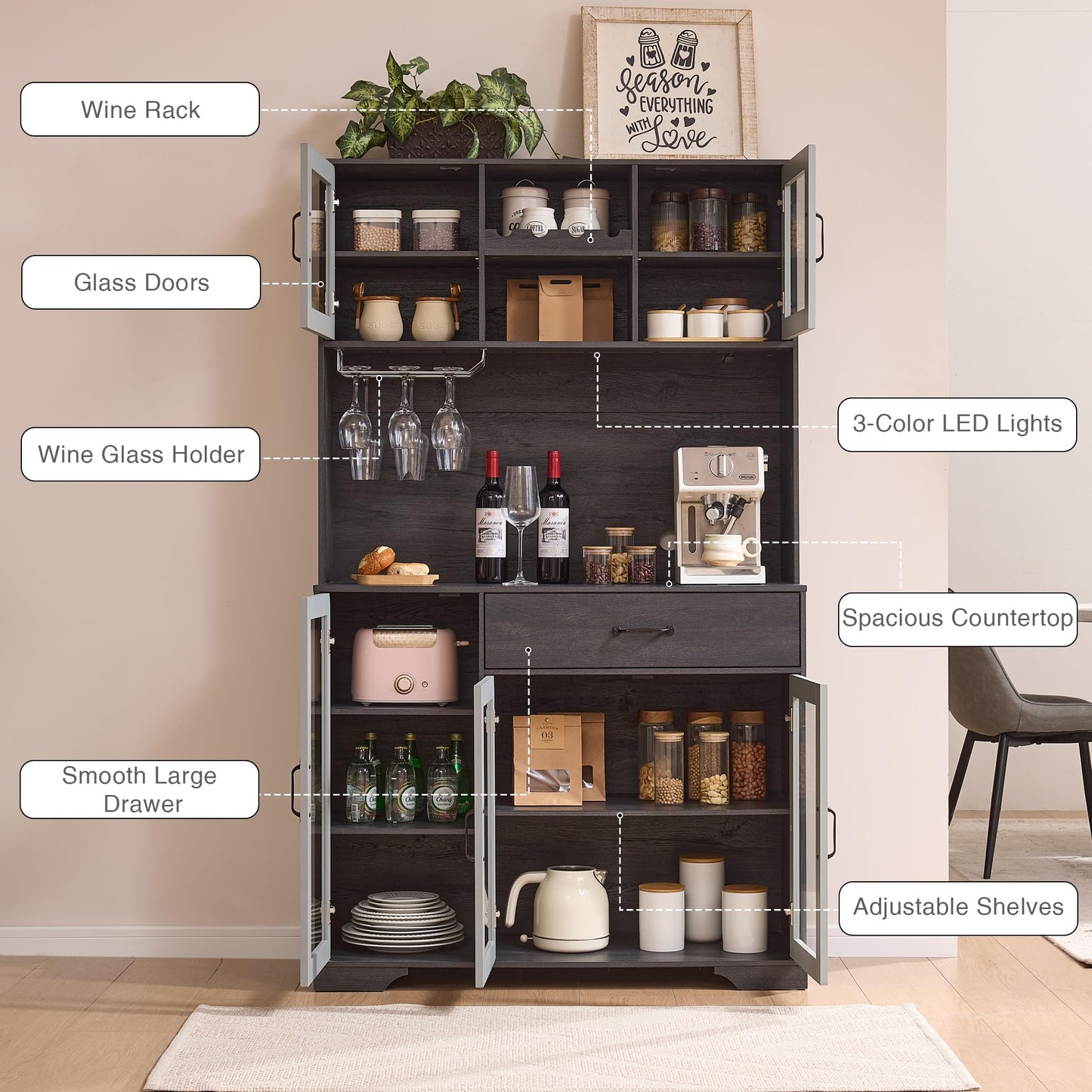 Fatmok 71" Tall Pantry Cabinet with Glass Doors, Kitchen Hutch Storage Cabinet, Coffee Bar & Liquor Cabinet with Charging Station & LED Lights, Wine Rack, Adjustable Shelves＆Large Drawer, Grey