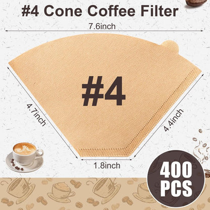 Coffee Filters #4, Unbleached Natural Coffee Filters 8-12 Cup, Disposable Coffee Filters, 4 Cone Paper Compatible with Ninja Coffee Maker, Pour Over and Drip Coffee Maker, 400 Count