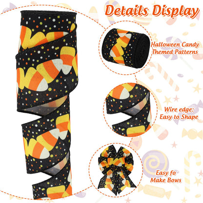 AnyDesign Halloween Wired Edge Ribbon 20 Yards Candy Corn Decorative Ribbon Orange Black Halloween Craft Fabric Ribbon for Holiday Wreath Bow Making DIY Gift Wrapping Supplies, 2 Roll