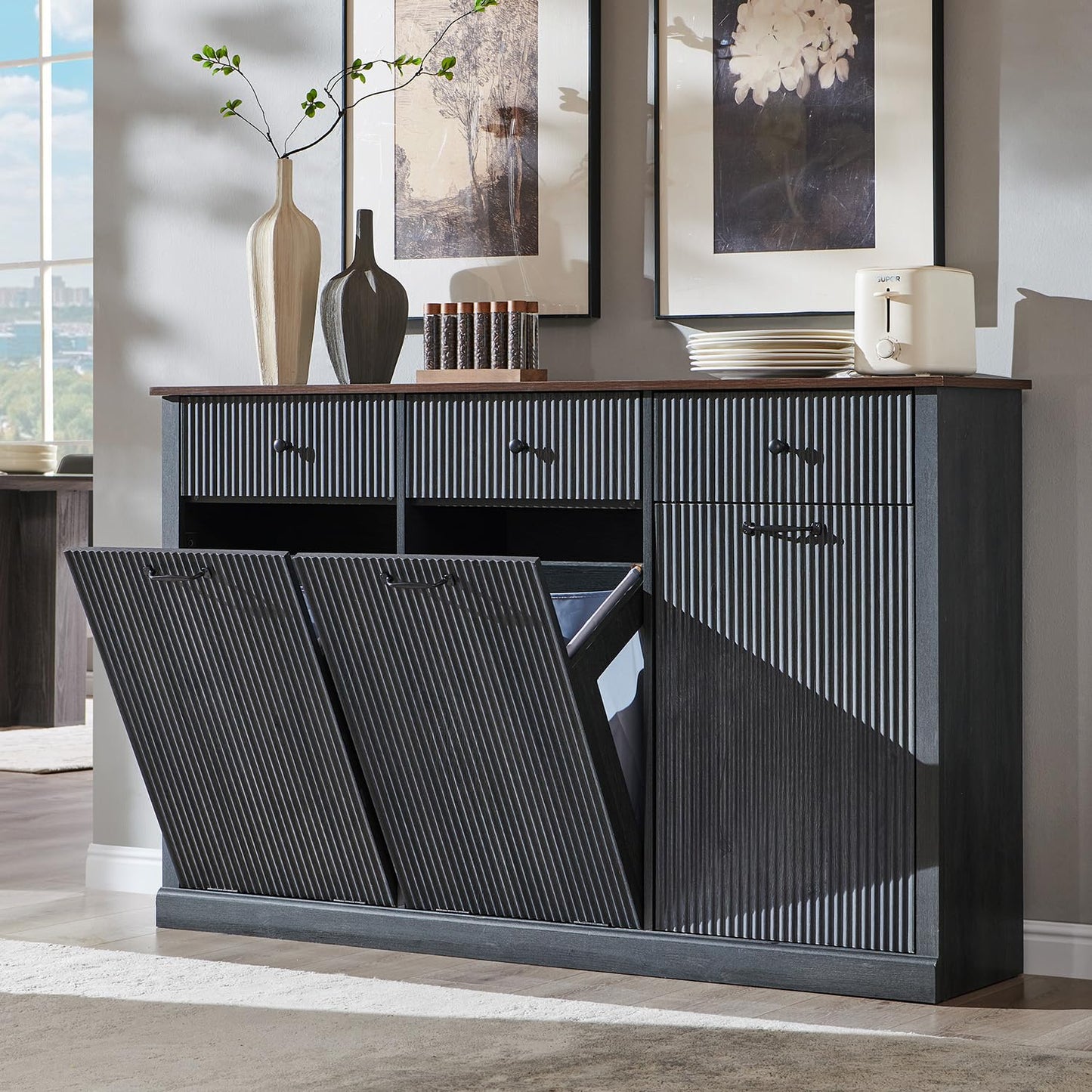 IFGET Triple Tilt Out Trash Can Cabinet, Modern Fluted Laundry Hamper Cabinet with 3 Drawers, 20 Gallon Hidden Wooden Garbage Can Cabinet w/Storage Basket & Adjustable Shelf, for Kitchen, Grey