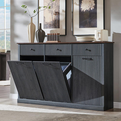 IFGET Triple Tilt Out Trash Can Cabinet, Modern Fluted Laundry Hamper Cabinet with 3 Drawers, 20 Gallon Hidden Wooden Garbage Can Cabinet w/Storage Basket & Adjustable Shelf, for Kitchen, Grey