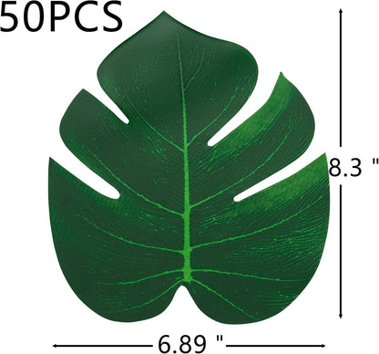 ATFL 8.3'' Artificial Medium Palm Leaves, 50 PCS Fake Tropical Monstera Faux Palm Leaves for Party Decoration (Green)