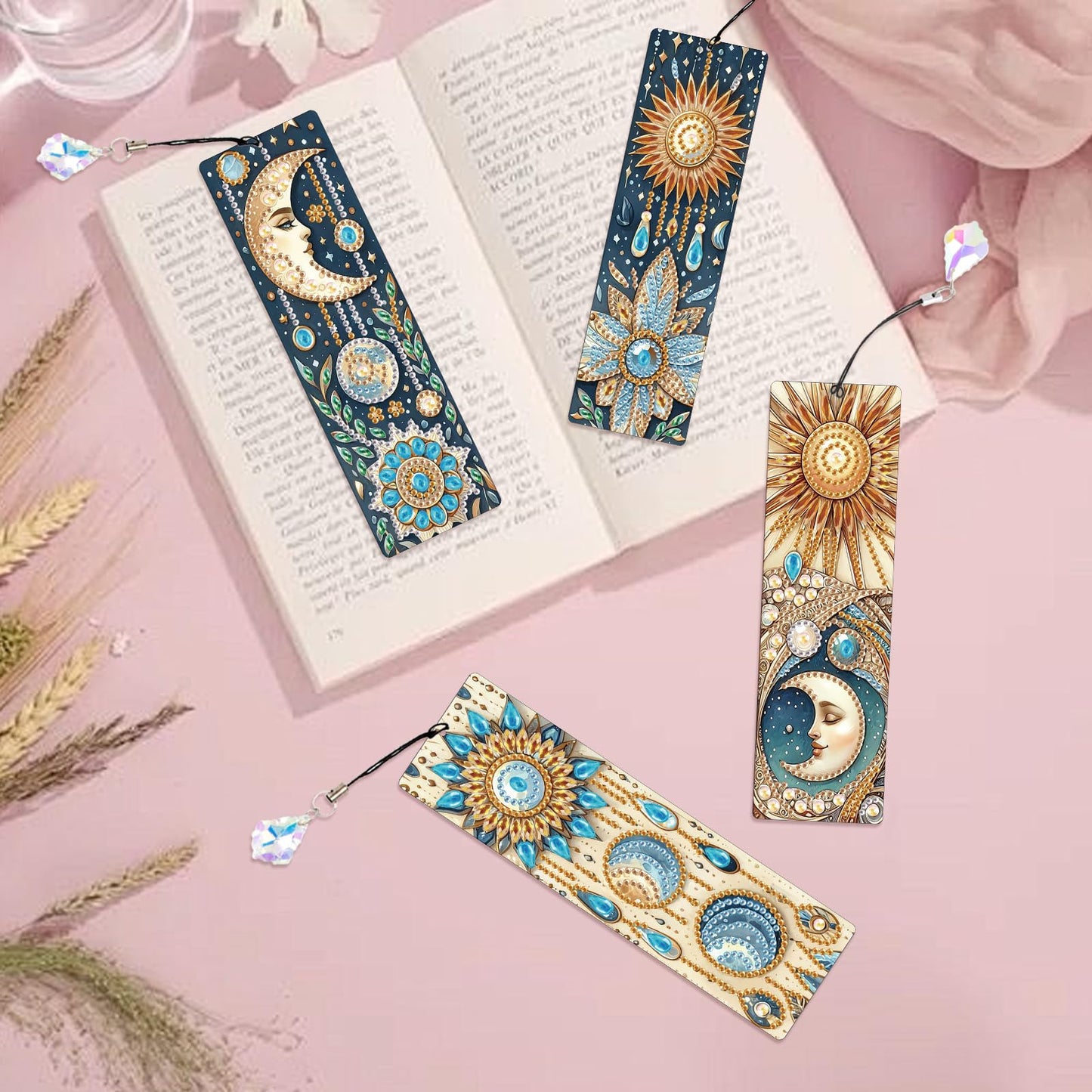 Focart 4 Pack Diamond Painting Bookmark Kits of Sun and Moon, Special Shaped Diamond Art Bookmarks with Pendant, DIY Handmade Crafts Home Office Supplies Reading Bookmark for Book Lovers