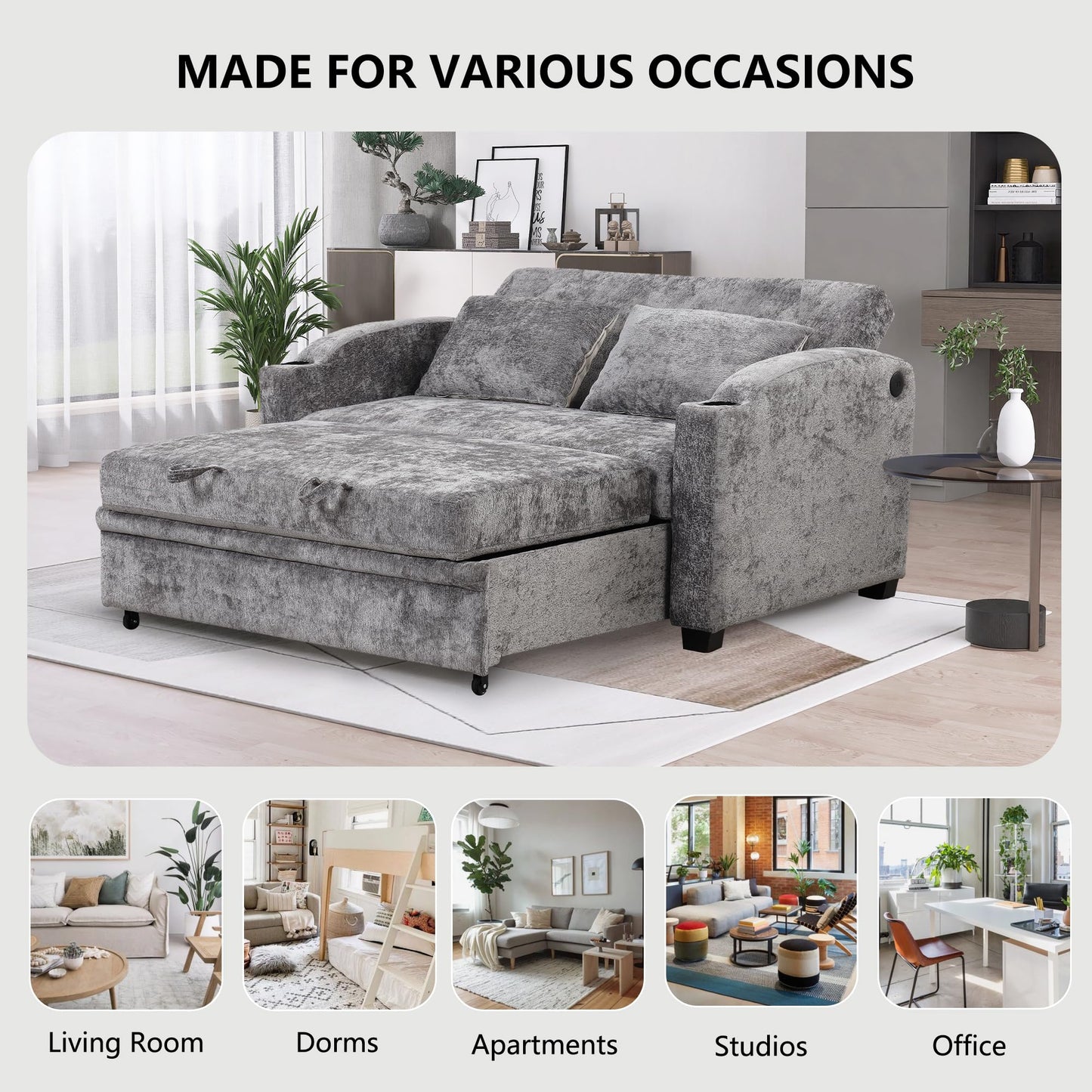 GDFStudio Pull Out Sofa Bed with USB Ports and Cup Holders, 3-Position Adjustable Backrest Chenille Loveseat, Sturdy Frame Compact Couch for Living Room Apartment Guest Bed, Gray