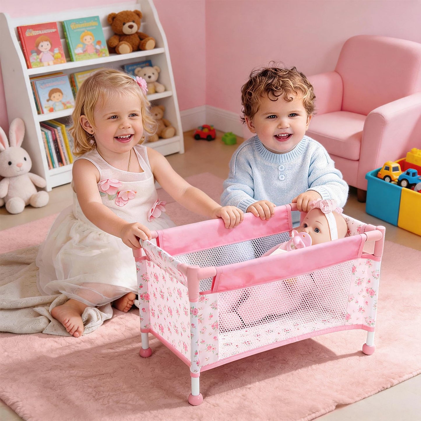 Baby Doll Crib for 12-18 Inch Dolls, Chyyeerkidd Pack and Play Pink Floral Baby Doll Bed with Carry Bag, Travel-Friendly Reborn Baby Doll Accessories for Girls Ages 3+, Easy Assembly (White)