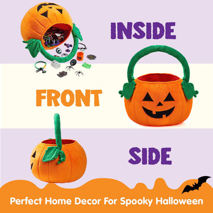 JOYIN Halloween Pumpkin Plush Tote Bucket, 11 X 13.4 inches Candy Trick or Treat Bag, Cute Halloween Basket with Handle for Kids Girl Boy Trick or Treating, Party Favor Supplies , Kids Gifts Goody Bag