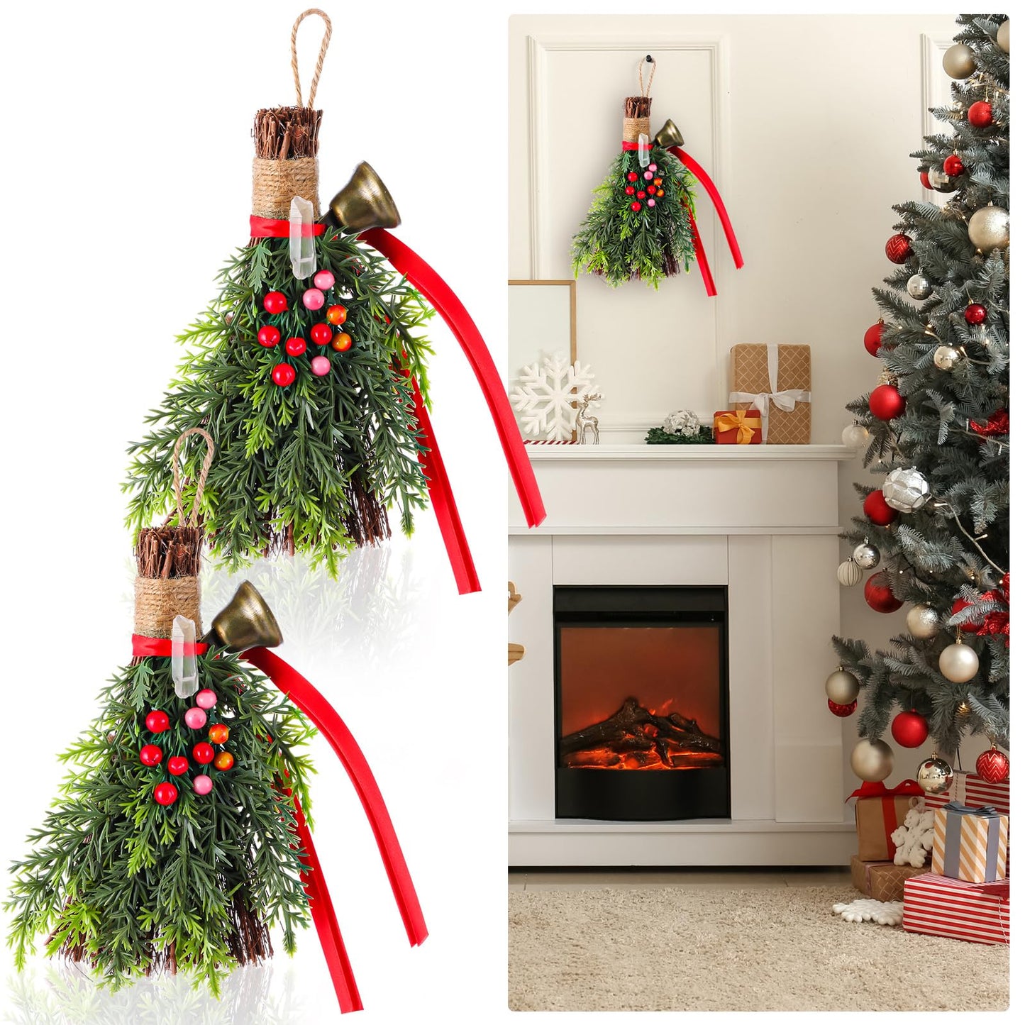 Jenaai 2 Pcs Yule Decorative Broom 6.7 Inch Pagan Christmas Decor Mini Witch Broom Handmade Pagan Broomstick with Crystal Holly Berry Jingle Bell Xmas Hanging Decor for Altar Door Protection Gift