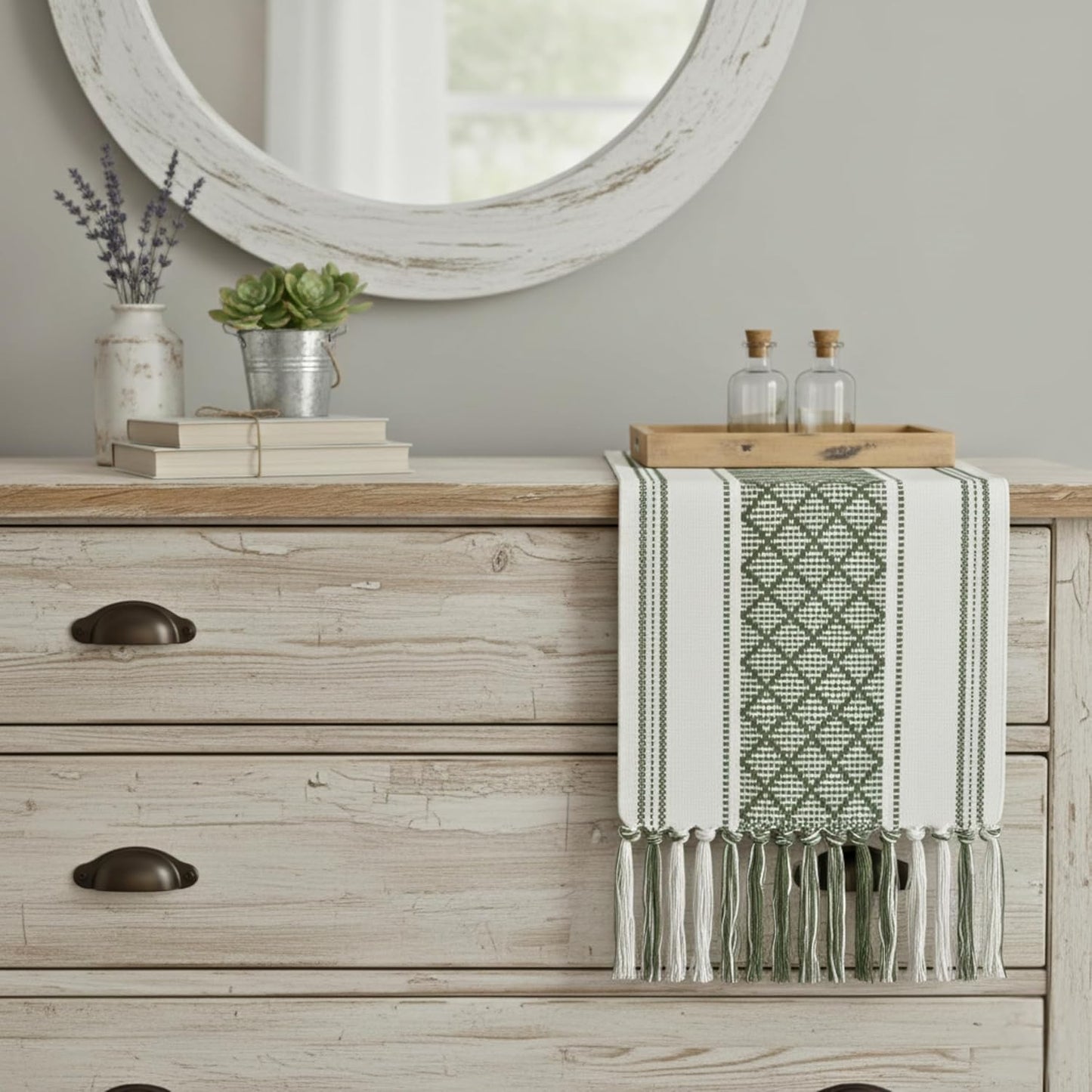 14 90 Inches, Boho Dining Table Runner with Tassels x Olive Green & Cream | Woven Washable Dresser Scarf for Bedroom |