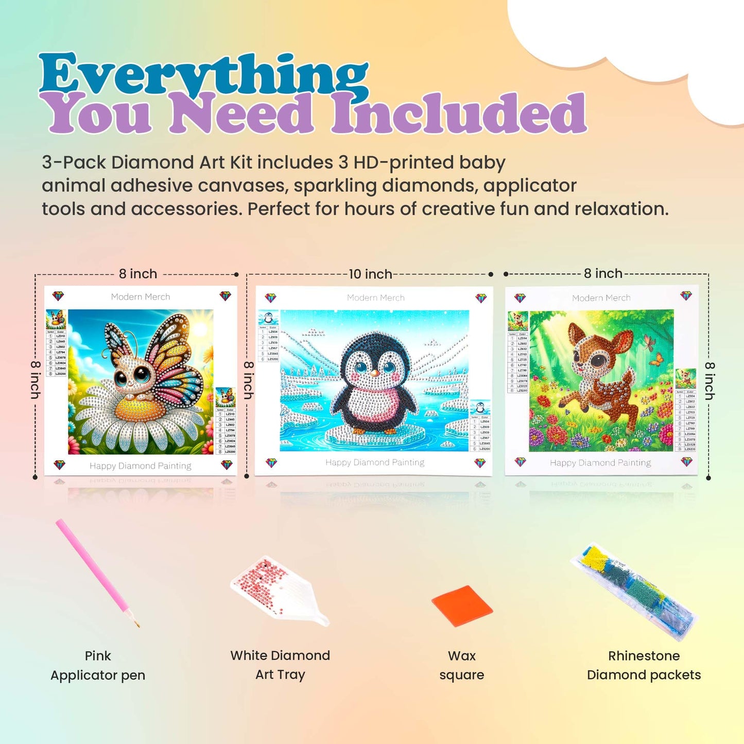 Modern Merch Small Diamond Art Packs Butterfly Deer & Penguin, Animal Diamond Dots for Adults, Jewel Art Painting Kits, Mini Gem Arts and Crafts for Adults, Round Drill 3 Pack Partial Drill
