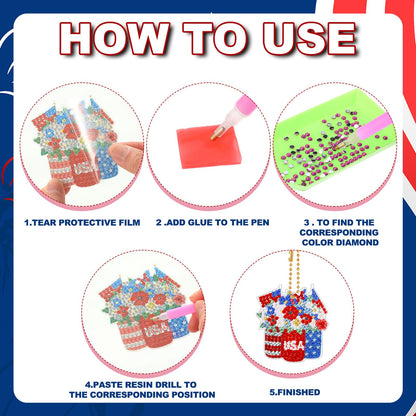 Sasylvia 16 Pcs 4th of July Diamond Painting Keychains Patriotic Diamond Art Kit Gnome Painting Ornaments American Flag Red Blue White DIY Craft 250th Anniversary Decorations for Adult