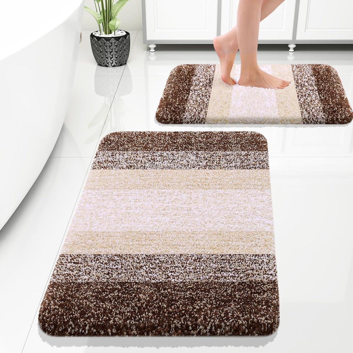 OLANLY Bathroom Rug Set - Soft Absorbent Microfiber Mats | Non-Slip, Plush Shaggy, Brown (30"x20"+24"x16")