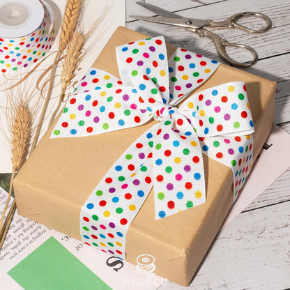 Polka Dot Ribbon Set 3 Rolls 5/8", 7/8", 1.5" Rainbow Colored Dot Grosgrain Ribbons for Gift Wrapping, Birthday Party, Baby Shower, Wreaths, Hair Bows, Banners, Candy Bags, DIY Crafts