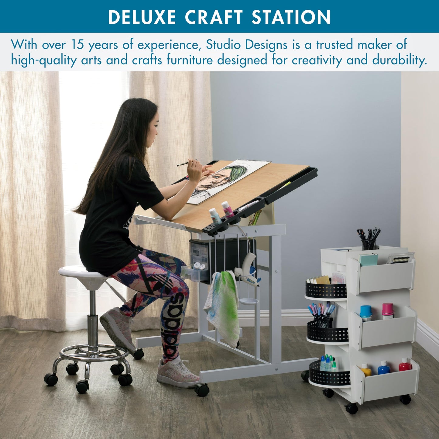 Studio Designs Deluxe Craft Station, Top Adjustable Drafting Table Craft Table Drawing Desk Hobby Table Writing Desk Studio Desk with Drawers, 36''W x 24''D, White / Maple