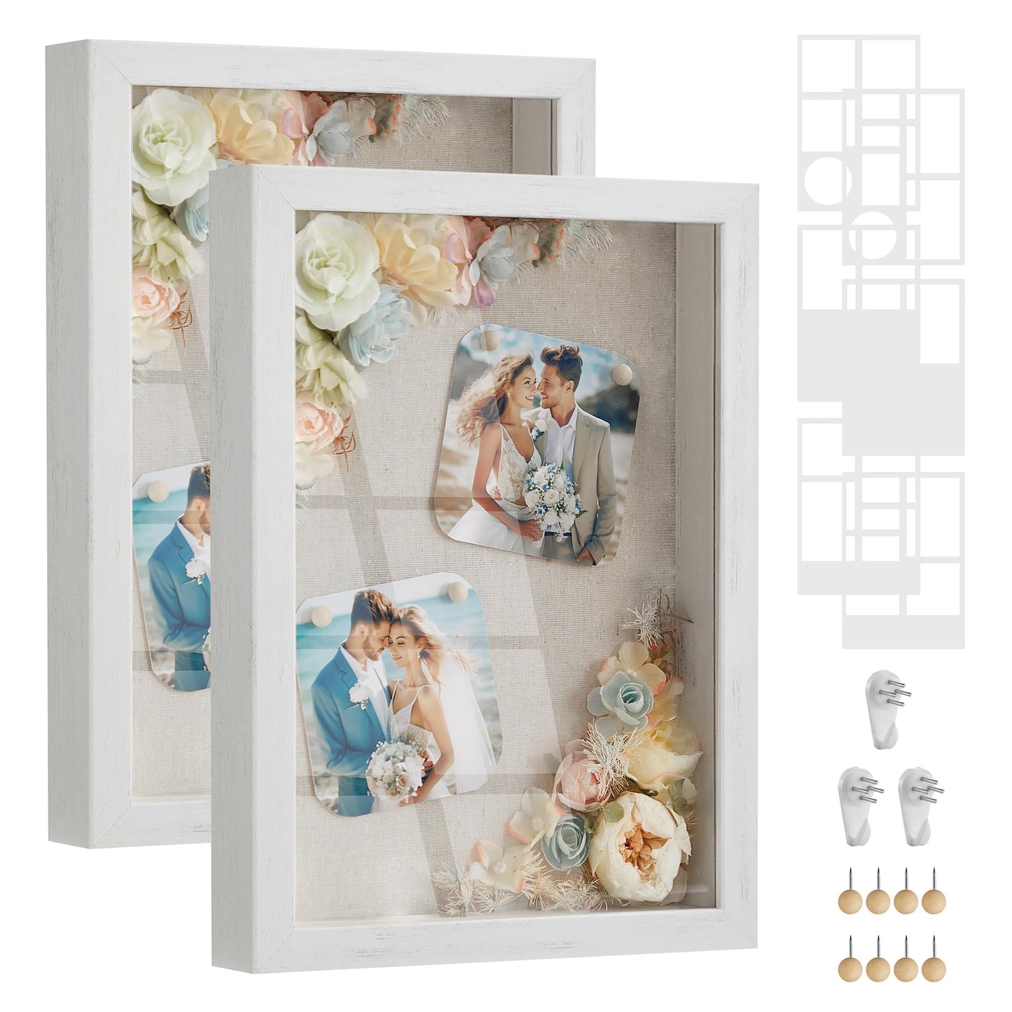 SONGMICS Shadow Box Frame, Set of 2, 1.3-Inch Deep Memory Display Case for Desk Wall Decor, Box Picture Photo Frame with 8 Wood Push Pins, 6 Mats, 3 Non-Trace Nails, Gift, Rustic White