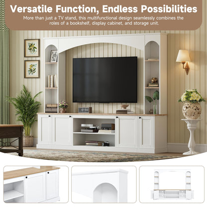 Merax Elegant Arched Entertainment Center Wall Unit with Bookshelf, Minimalism TV Stand for Televisions up to 70", Mid-Century Media Console with Adjustable Shelves for Living Room, White