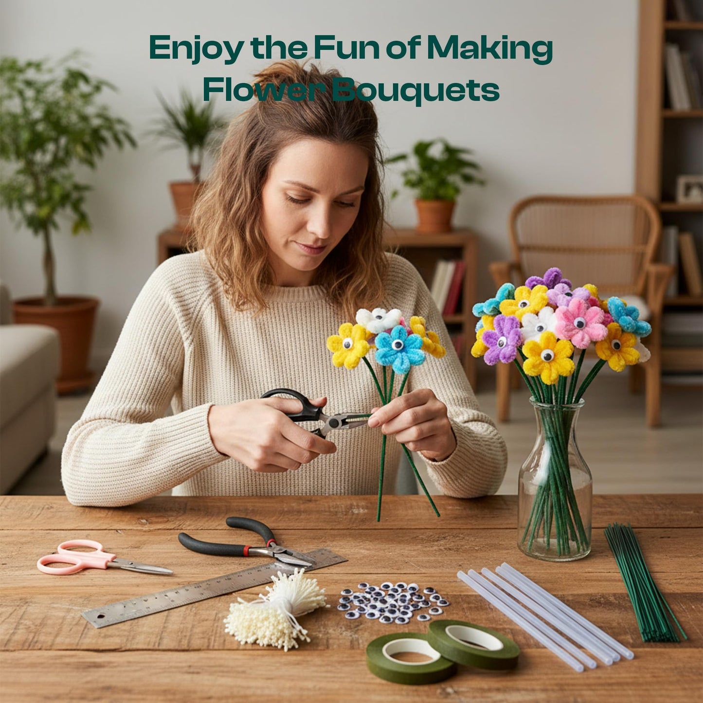 Caydo 134 PCS Pipe Cleaners Flowers Making Tool Kit for Bouquet Making, Floral Arrangement Kit with Floral Wire Stems, Floral Tape, Curved Scissors, Flower Scissors, Needle Nose Pliers, Stamens