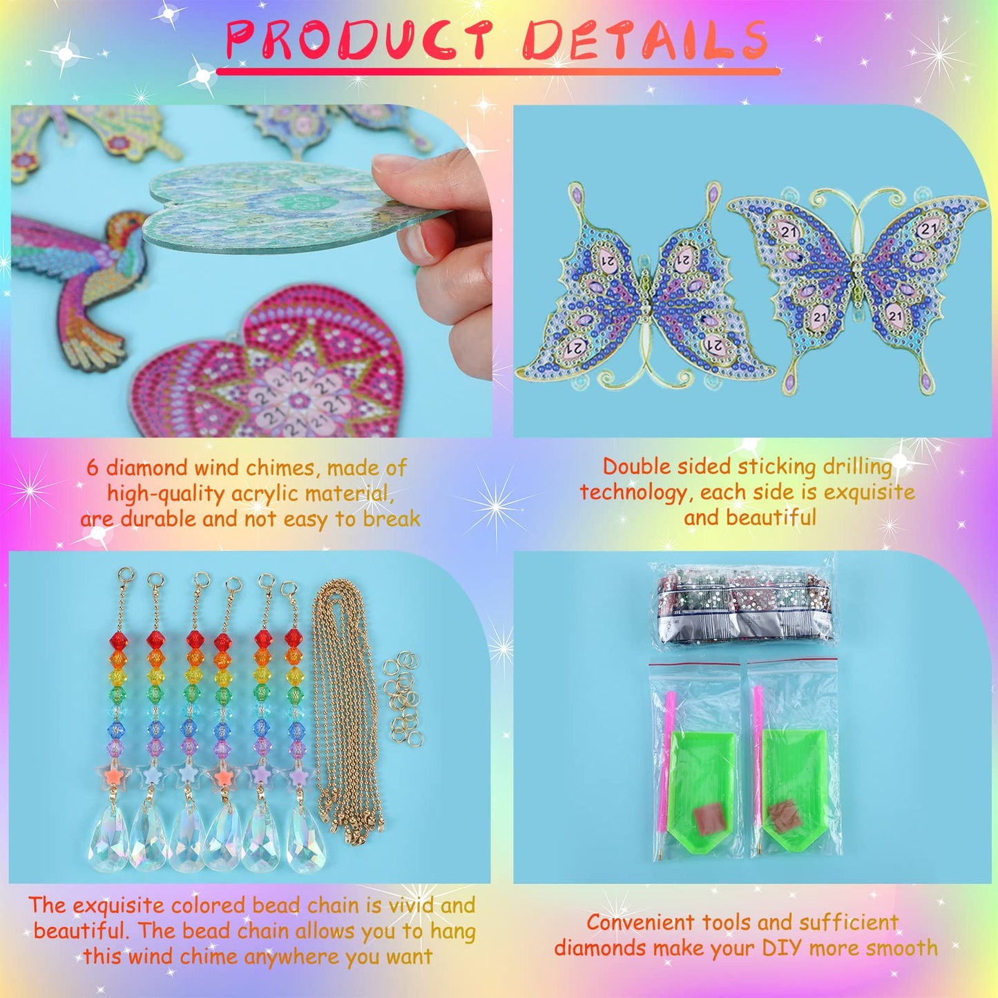 Yulejo 6 Pcs Diamond Painting Suncatcher Diamond Painting Art Kit for Adult Double Sided Diamond Painting Hanging Ornament Butterfly Heart Hummingbird Crystal Suncatcher Wind Chime Home Decoration