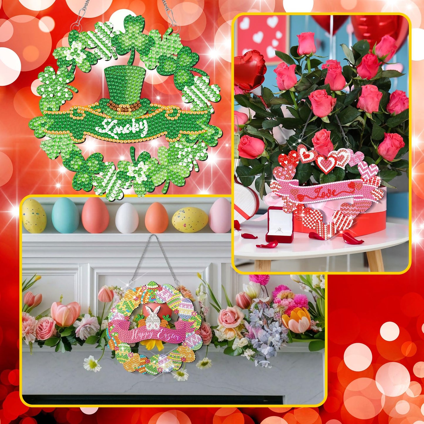 Cinnvoice 12 Pcs Seasonal Diamond Art Wreath Kits Holiday 5d DIY Diamond Painting Signs Germ Hanging Art Ornaments for Wall Door Decorations (Wreath)