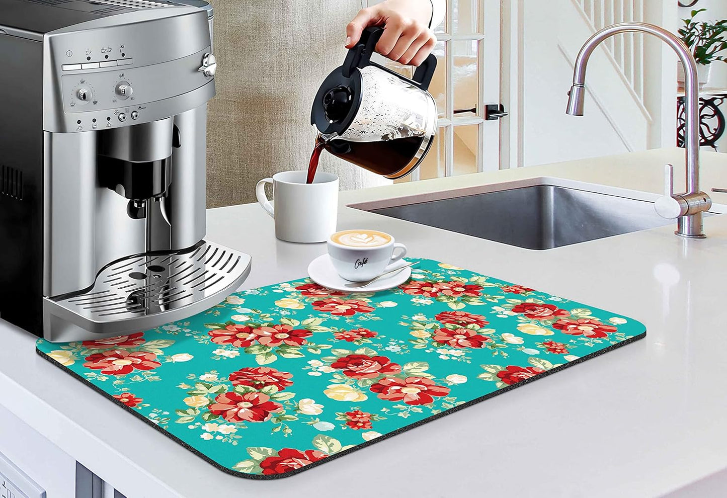 Coffee Bar Mat Accessories for Countertop, Pioneer Flower Rubber Backed Dish Drying Mats, 20x12in, Fit Under Coffee