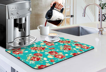 Coffee Bar Mat Accessories for Countertop, Pioneer Flower Rubber Backed Dish Drying Mats, 20x12in, Fit Under Coffee