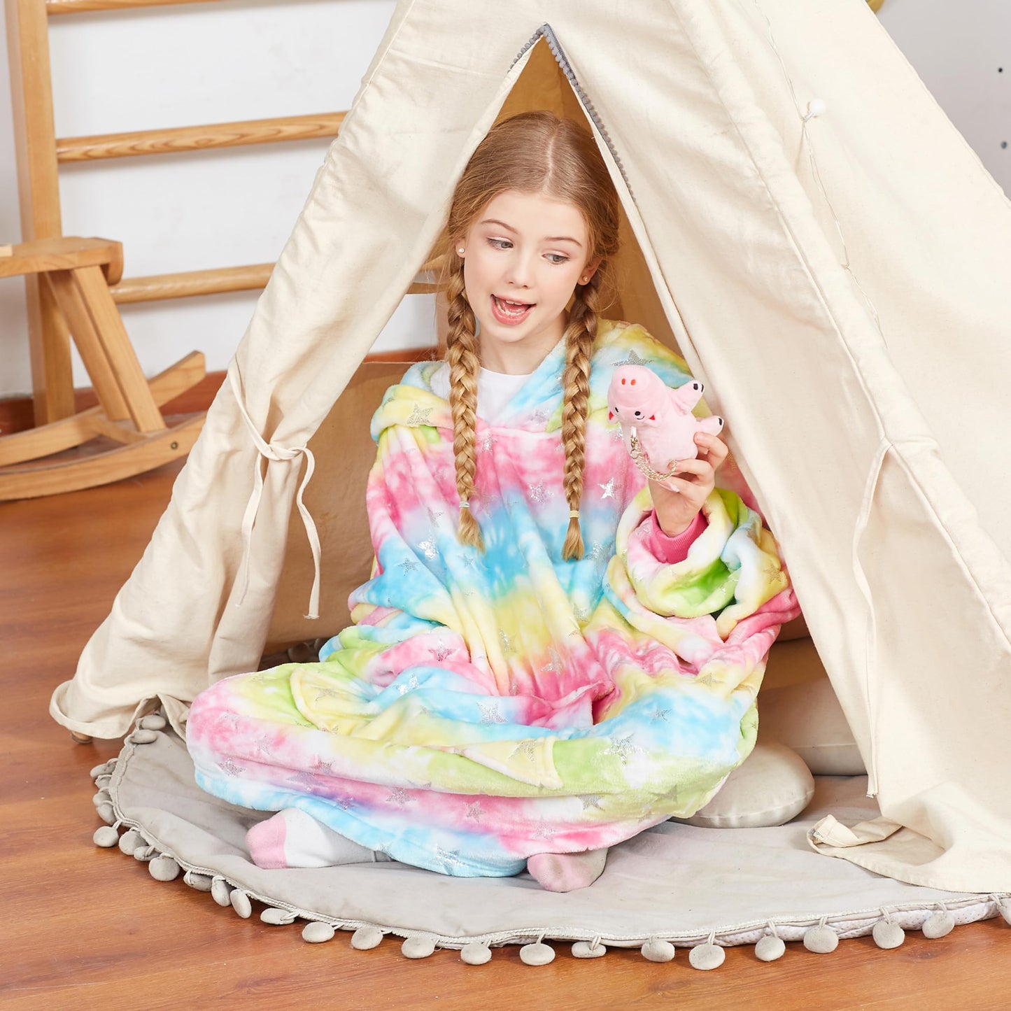 Catalonia Rainbow Unicorn Oversized Blanket Hoodie Sweatshirt for Kids, Wearable Fleece Pullover with Large Front Pocket, Teen Boys Girls Gift