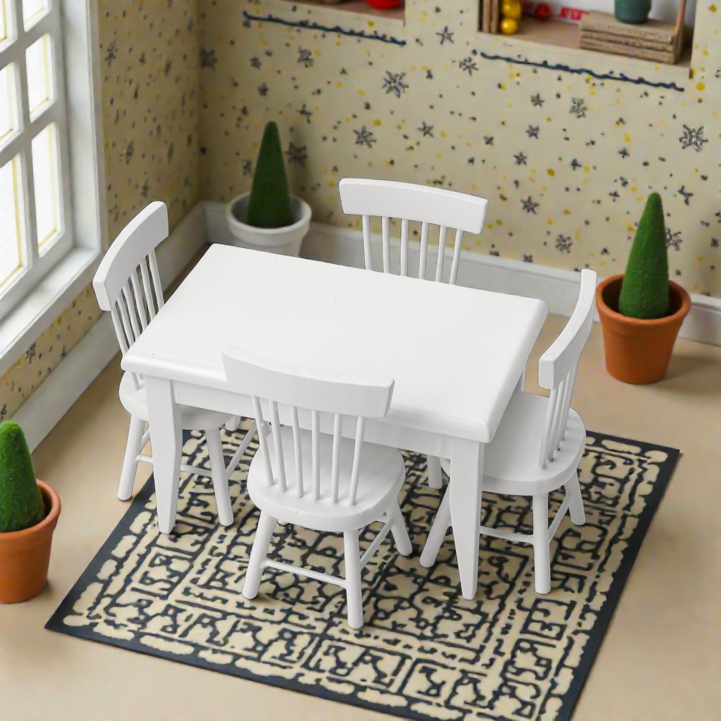 Miniature Dollhouse Dining Table and Chairs – Set 5pcs 1/12 Scale for Doll House, White Wooden Furniture Model, Mini Classic Decoration Accessories DIY Hobby Gift for Kitchen, Breakfast Room