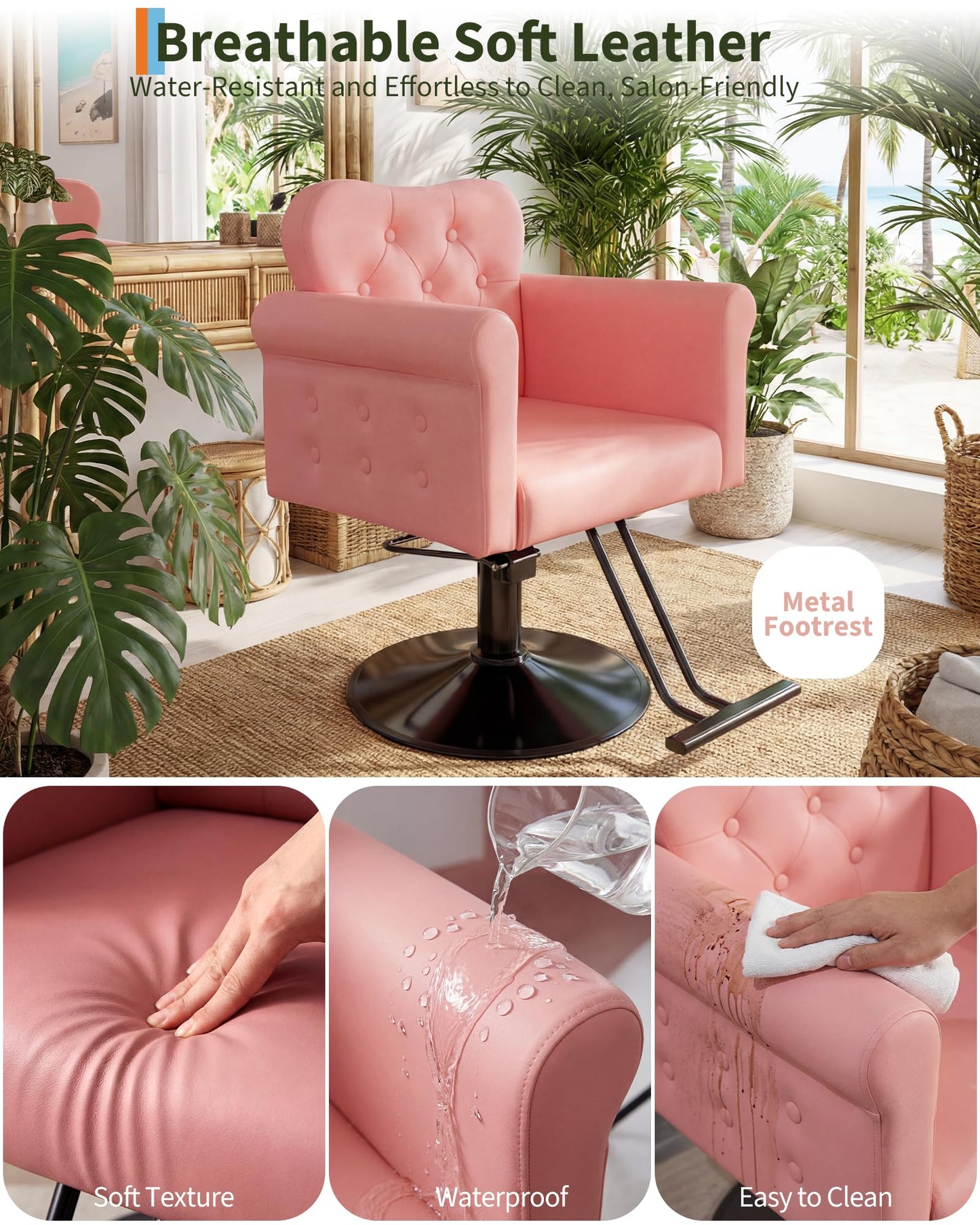 Garvee Salon Chair for Hair Stylist, PU Leather Barber Chair with 360° Swivel, Tufted Button, Metal Round Base, Hydraulic Lift, Supports Up to 330 Lbs, for Barbershop, Beauty Spa, Home, Pink