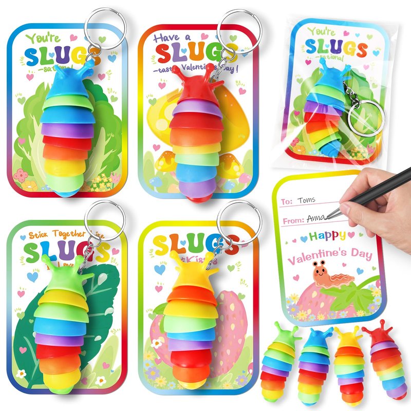 AuroTops Valentines Day Cards for Kids,24 Pack Cute Keychains Bulk Sensory Slug Fidget Toys with Valentines Cards for Boys & Girls Valentine's Day Classroom Gift Exchange,Kids Party Favors