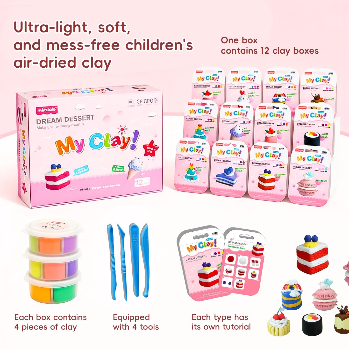 Air Dry Clay for Kids Dream Dessert Designs, Ultra Soft Safe Non-Sticky Clay Set, Play Doh Alternative Polymer Clay Kit, DIY Modeling Clay for School Projects & Party Favors, Clay for Kids Ages 4-12