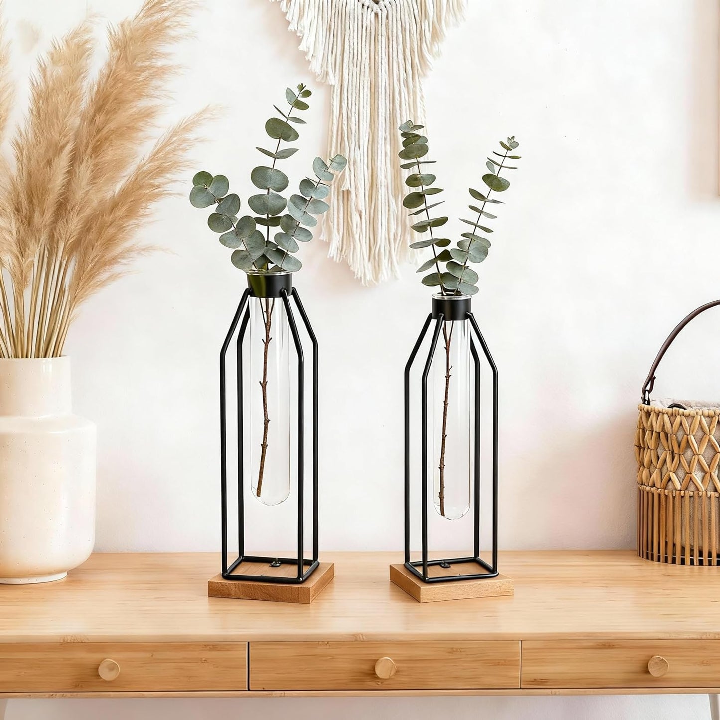 Set 2, 11&12.5 Inch Houmury Test Tube Vase of Flower Vases with Iron Stand & Wood Base, for Home Dcor, Table Decor